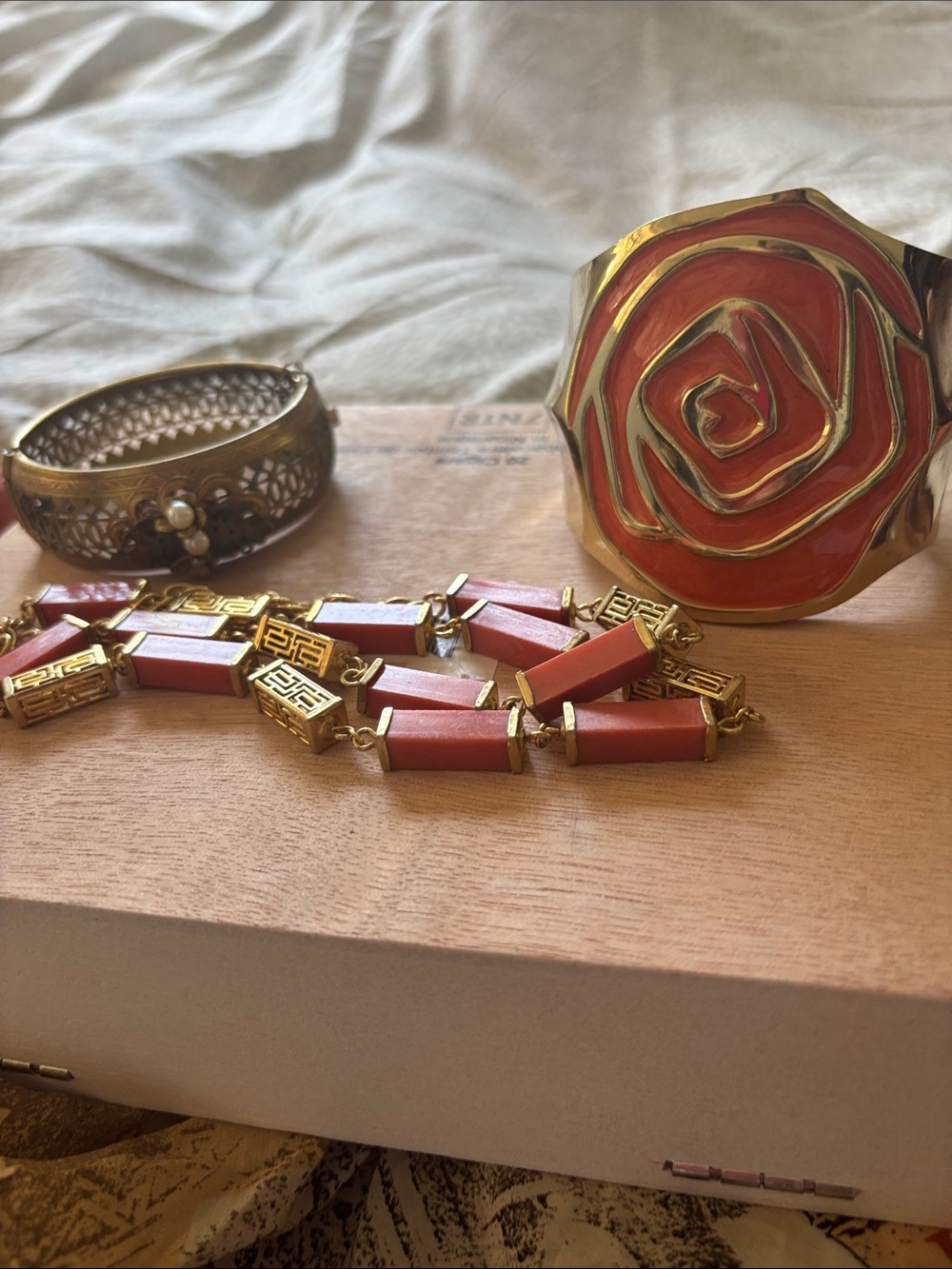 Vintage coral Gold-Tone Coral Bead Necklace and Rose Cuff - gold chain bundle